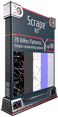 The Scrape Kit is out. 20 unique seamless patterns and compositing options for adding scrapes and imperfections to your designs! Perfect for metal overlays and all your hard surfaces.