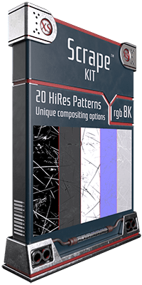 The Scrape Kit is out. 20 unique seamless patterns and compositing options for adding scrapes and imperfections to your designs! Perfect for metal overlays and all your hard surfaces.